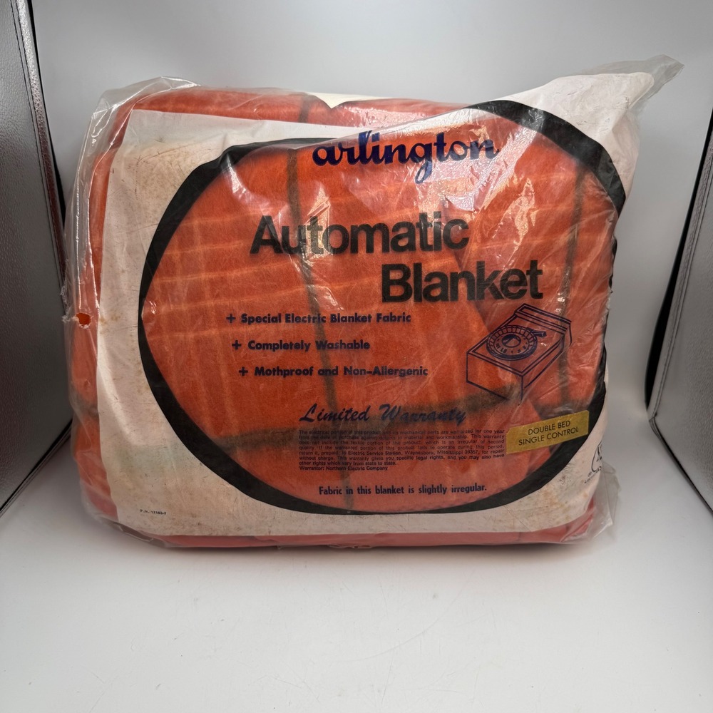 Vintage 70s Arlington Automatic Electric Blanket Double Bed Orange Plaid New NOS